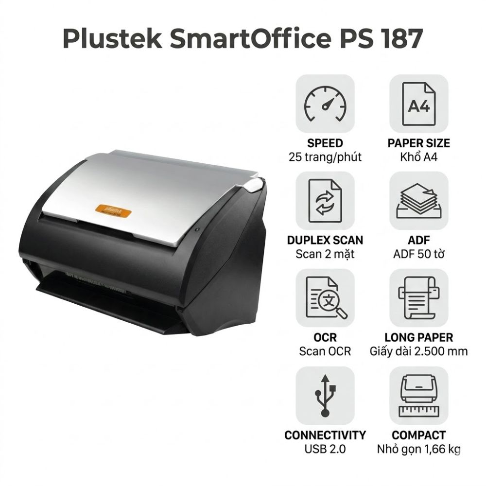 Máy scan Plustek SmartOffice PS 187 – Scan 2 mặt tự động 25 trang/phút