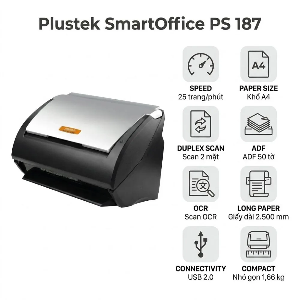 Máy scan Plustek SmartOffice PS 187 – Scan 2 mặt tự động 25 trang/phút
