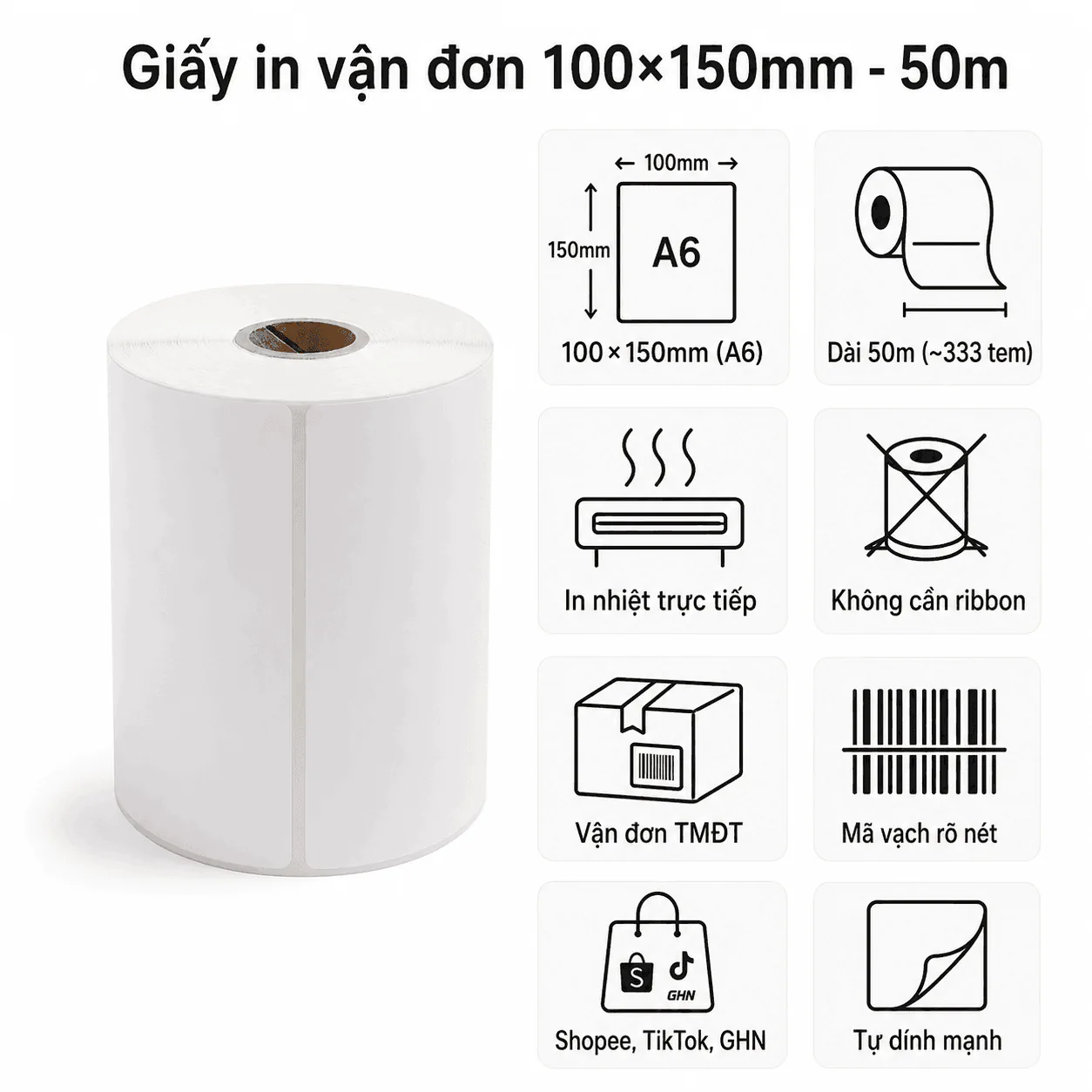 Giấy in mã vạch 100×150 dài 50m