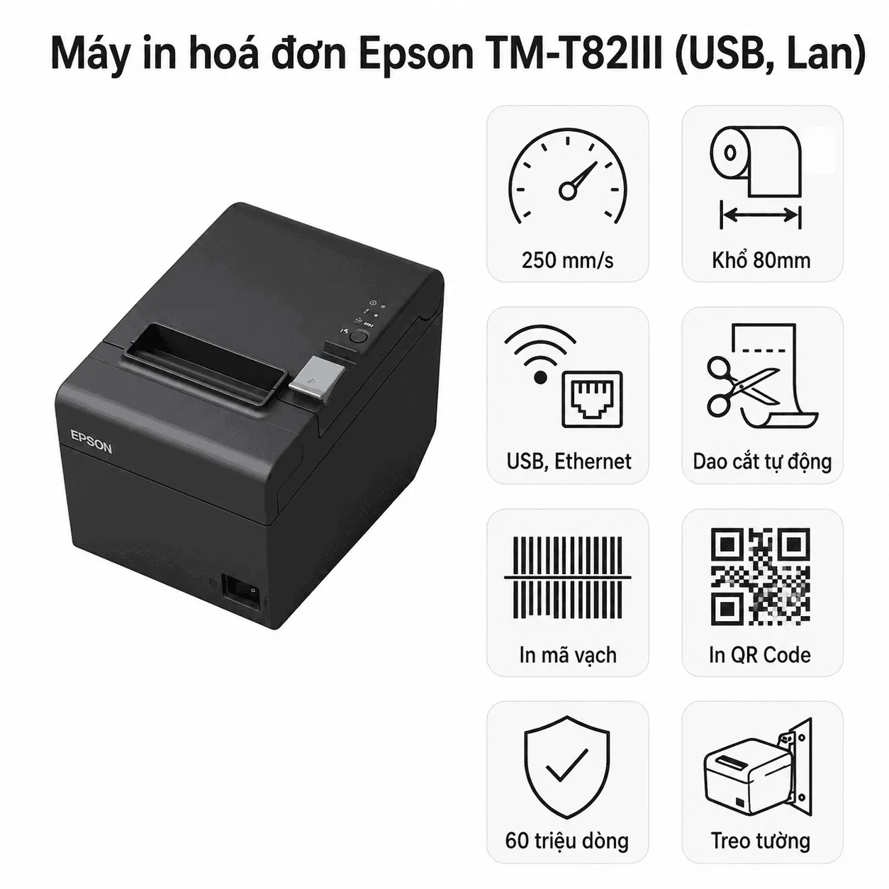 Máy in hoá đơn Epson TM-T82III (USB, Lan)