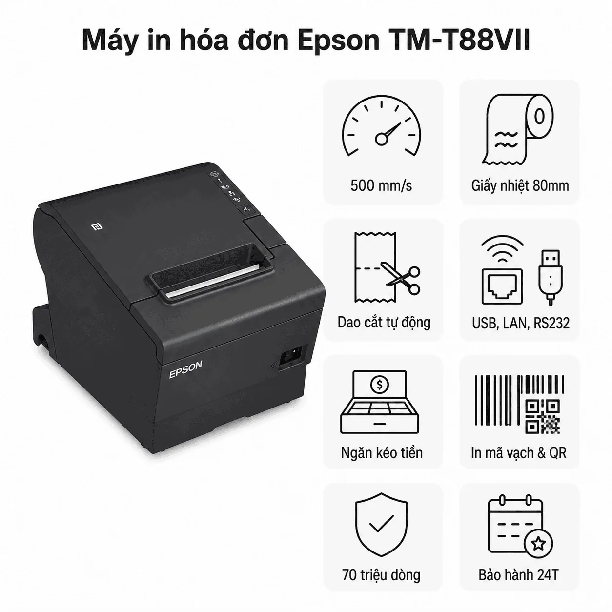 Máy in hoá đơn Epson TM-T88VII (USB, Lan, RS232)