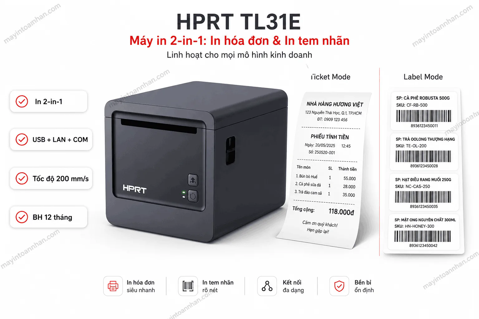 Máy in hóa đơn và mã vạch HPRT TL31E (USB + LAN + COM)