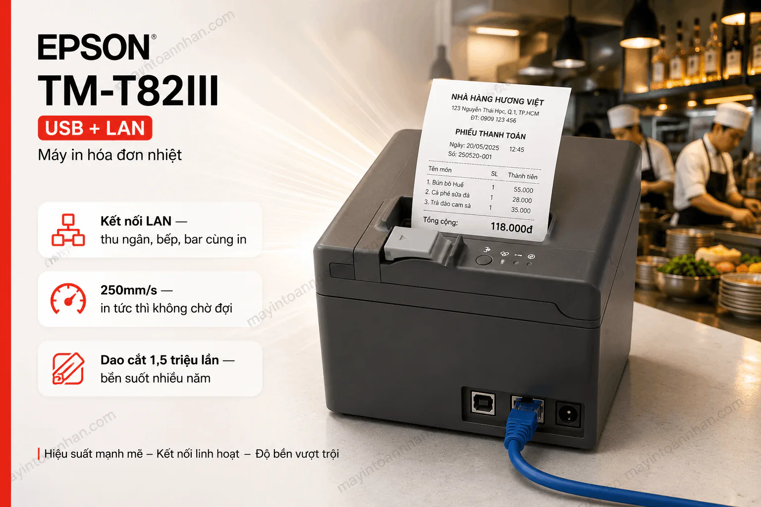Máy in hoá đơn Epson TM-T82III (USB, Lan)