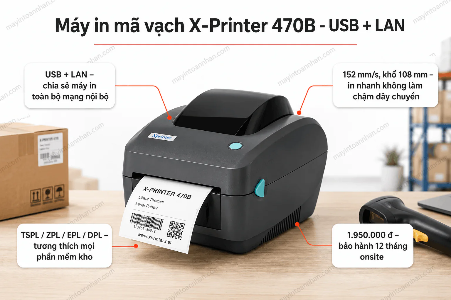 Máy in mã vạch X printer 470B - USB + Lan 4 Máy in mã vạch X printer 470B – USB + Lan