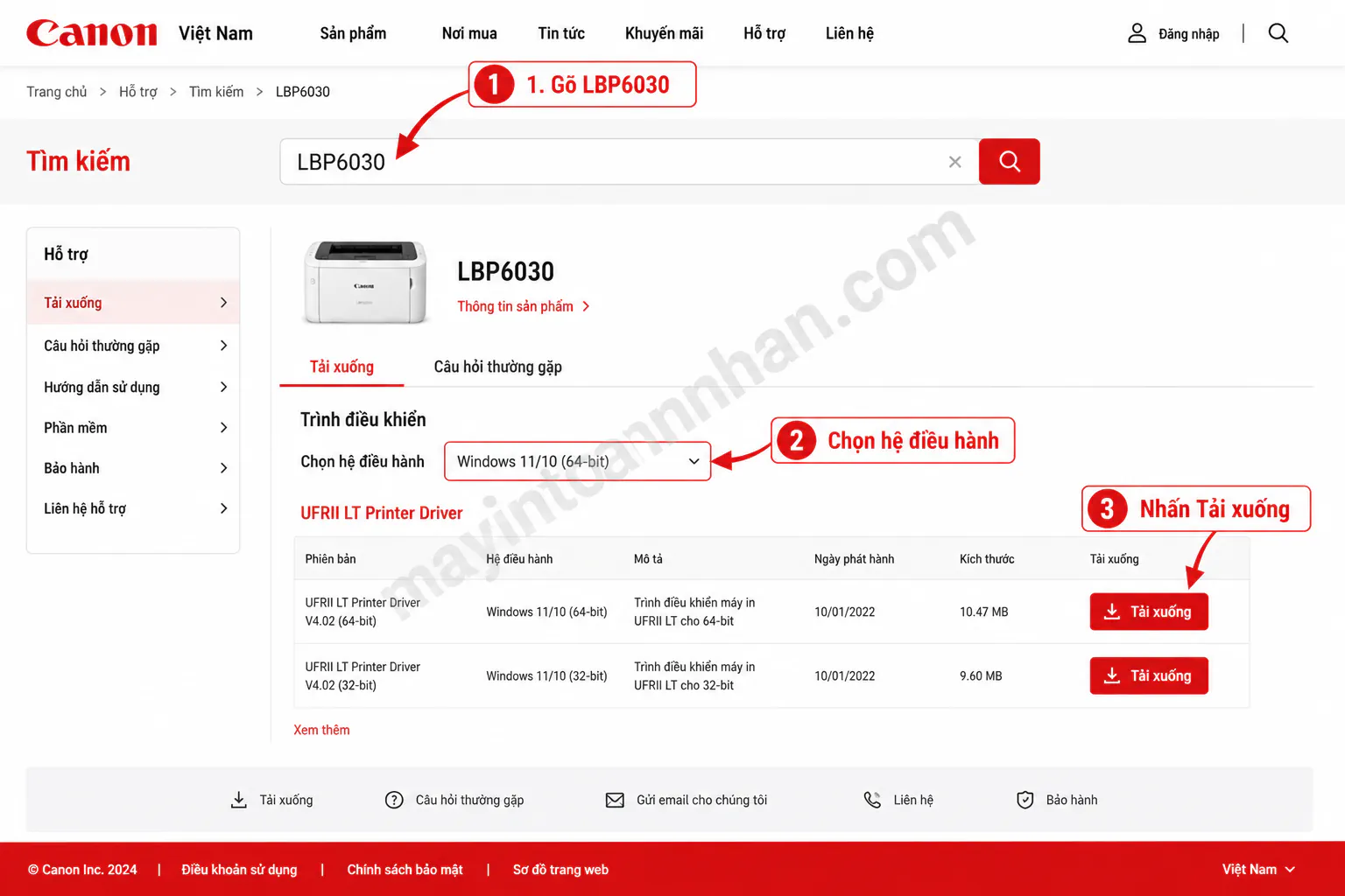 Tải Driver Máy In Canon F158 300 - Hướng dẫn chi tiết 2025 7 Screenshot giao diện trang tải driver Canon Việt Nam – hiển thị ô tìm kiếm đang gõ "LBP6030", danh sách kết quả với các tùy chọn hệ điều hành. Overlay chú thích màu đỏ chỉ rõ các bước: 1. Gõ LBP6030, 2. Chọn OS, 3. Nhấn Download. Style: ảnh thực tế có chú thích overlay