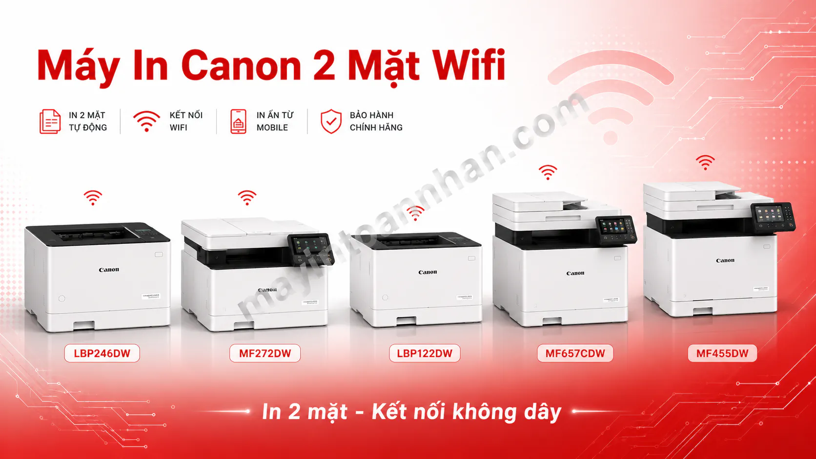 Banner danh mục máy in Canon 2 mặt wifi - collage 5 model bán chạy: LBP246DW, MF272DW, LBP122DW, MF657CDW, MF455DW xếp hàng ngang.