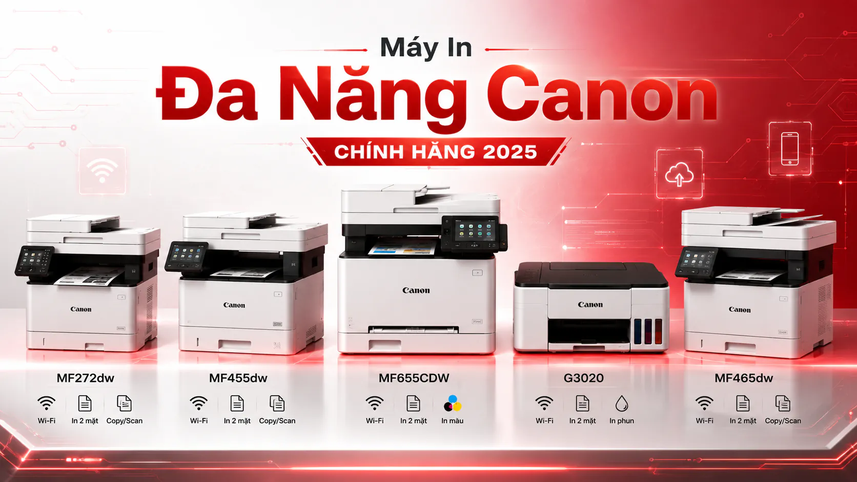 Banner danh mục máy in đa năng Canon - collage 5 dòng máy bán chạy: MF272dw, MF455dw, MF655CDW, G3020, MF465dw xếp theo hàng ngang.