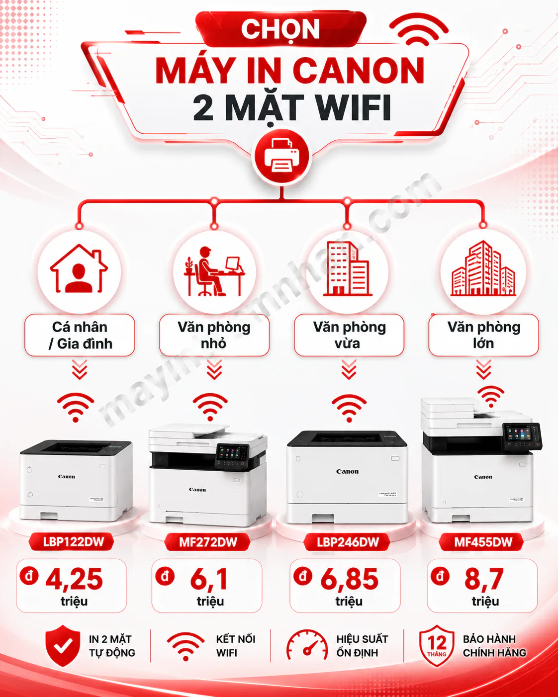 Infographic hướng dẫn chọn máy in Canon 2 mặt wifi theo quy mô - cây quyết định 4 nhánh: Cá nhân/Gia đình → LBP122DW; Văn phòng nhỏ → MF272DW; Văn phòng vừa → LBP246DW; Văn phòng lớn → MF455DW.