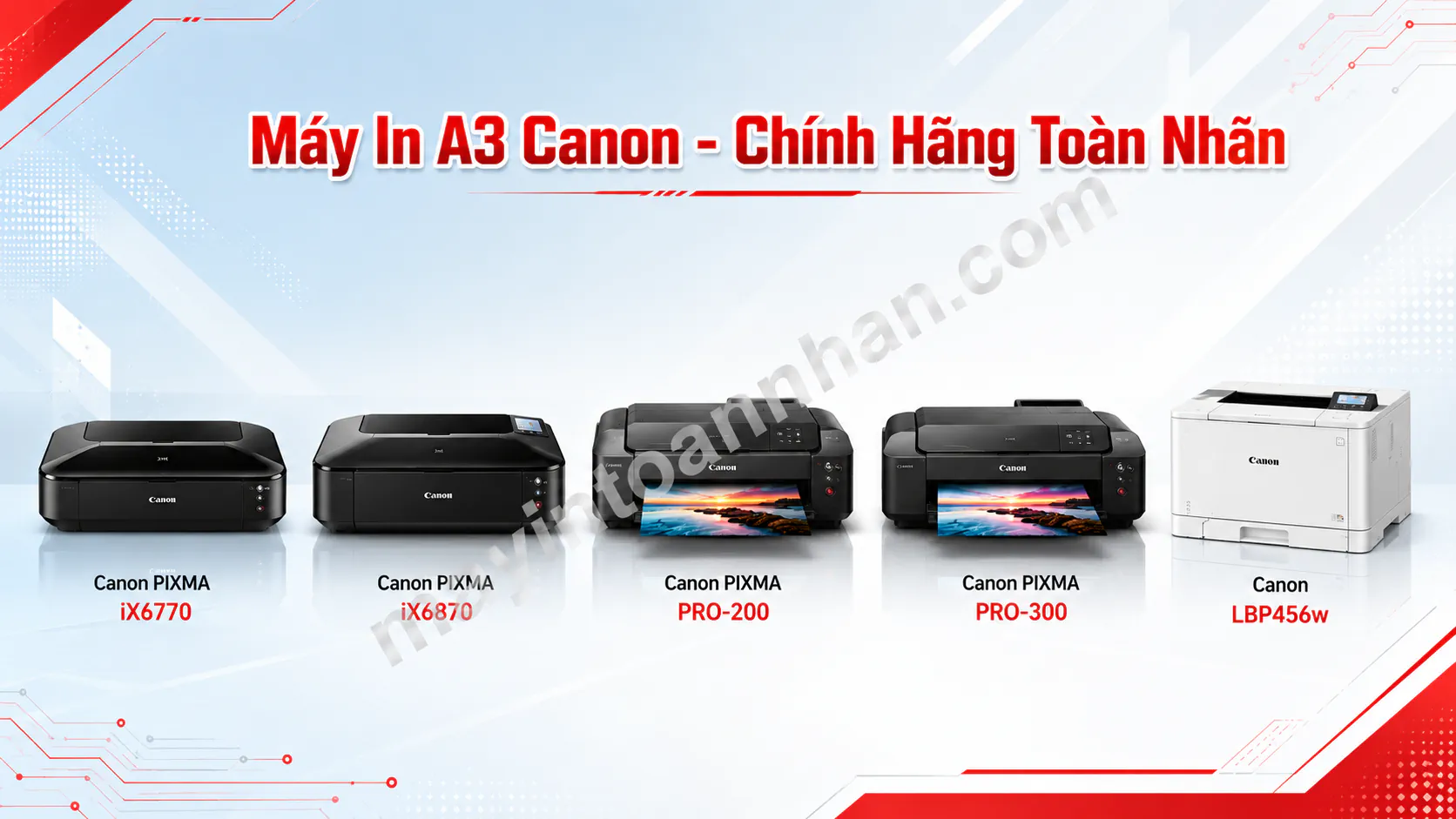 Banner danh mục máy in A3 Canon - collage 5 model bán chạy xếp hàng ngang: IX6770, iX6870, PRO-200, PRO-300, LBP456w