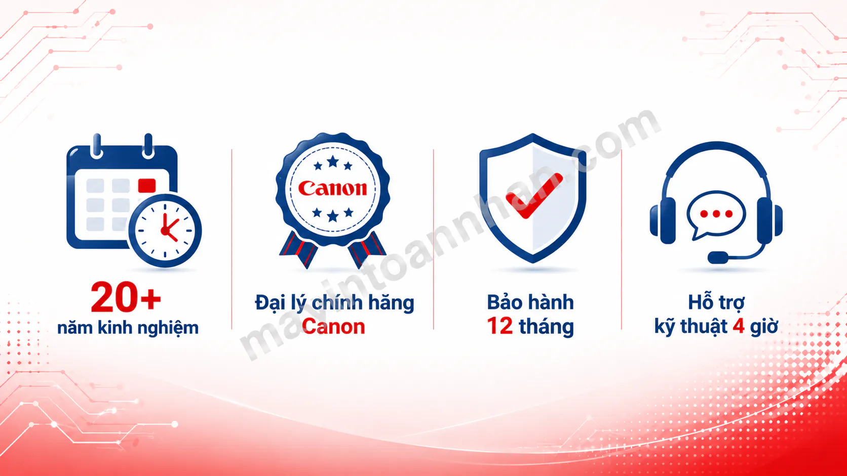 : Trust signals banner - 4 ô: "20+ năm kinh nghiệm", "Đại lý Canon chính hãng", "Bảo hành 12 tháng", "Hỗ trợ kỹ thuật 4 giờ"