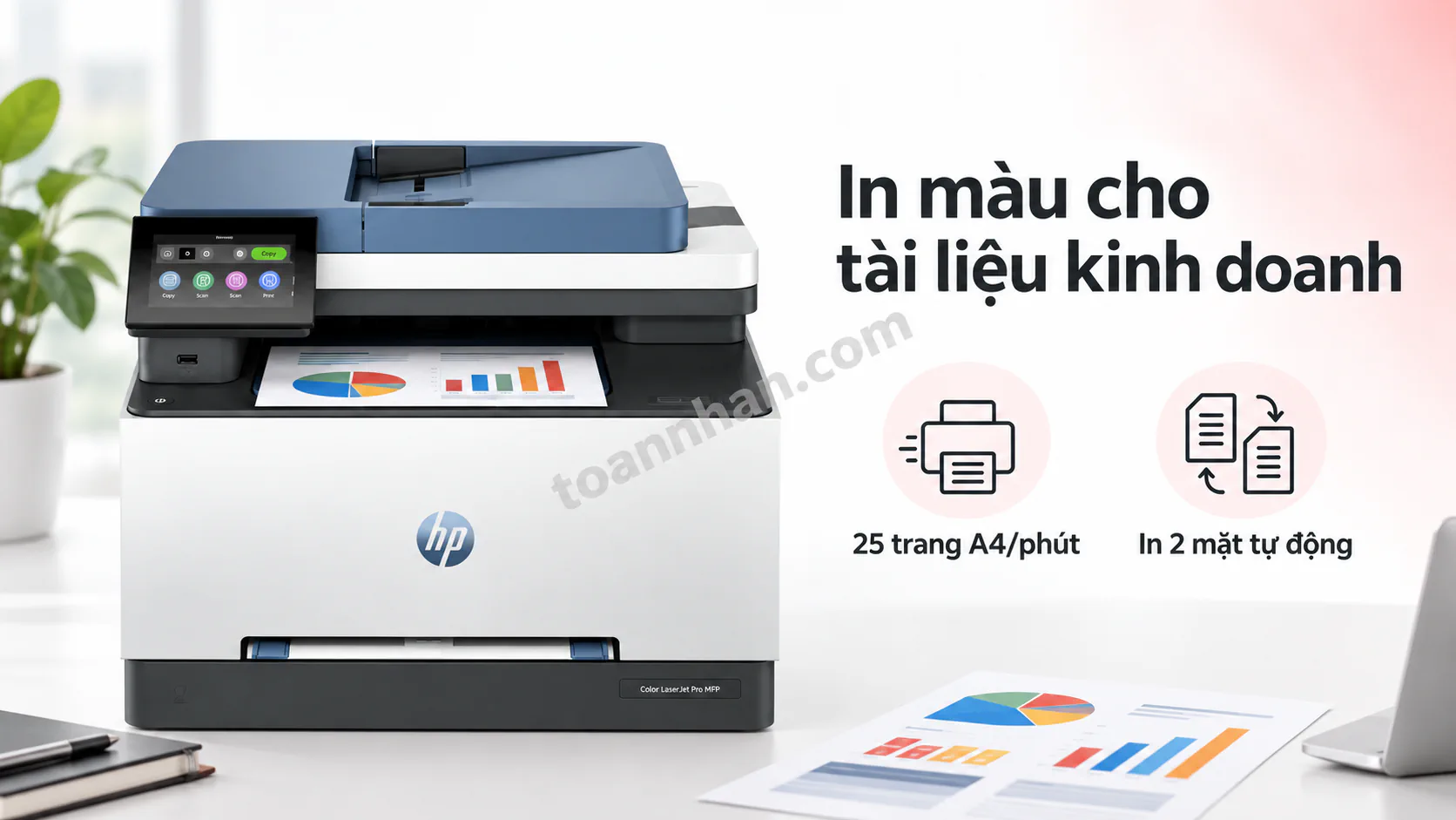HP 3303fdW in bộ tài liệu màu, báo giá và biểu đồ trong văn phòng