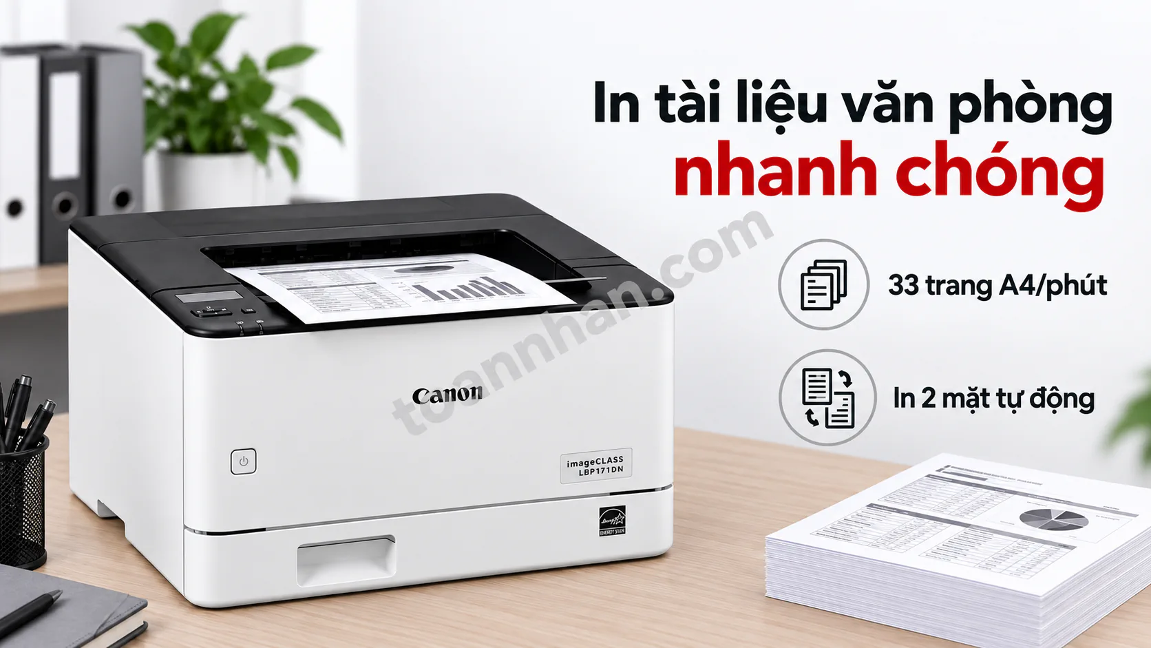 Canon LBP172DW in tài liệu A4 đen trắng trong văn phòng hiện đại