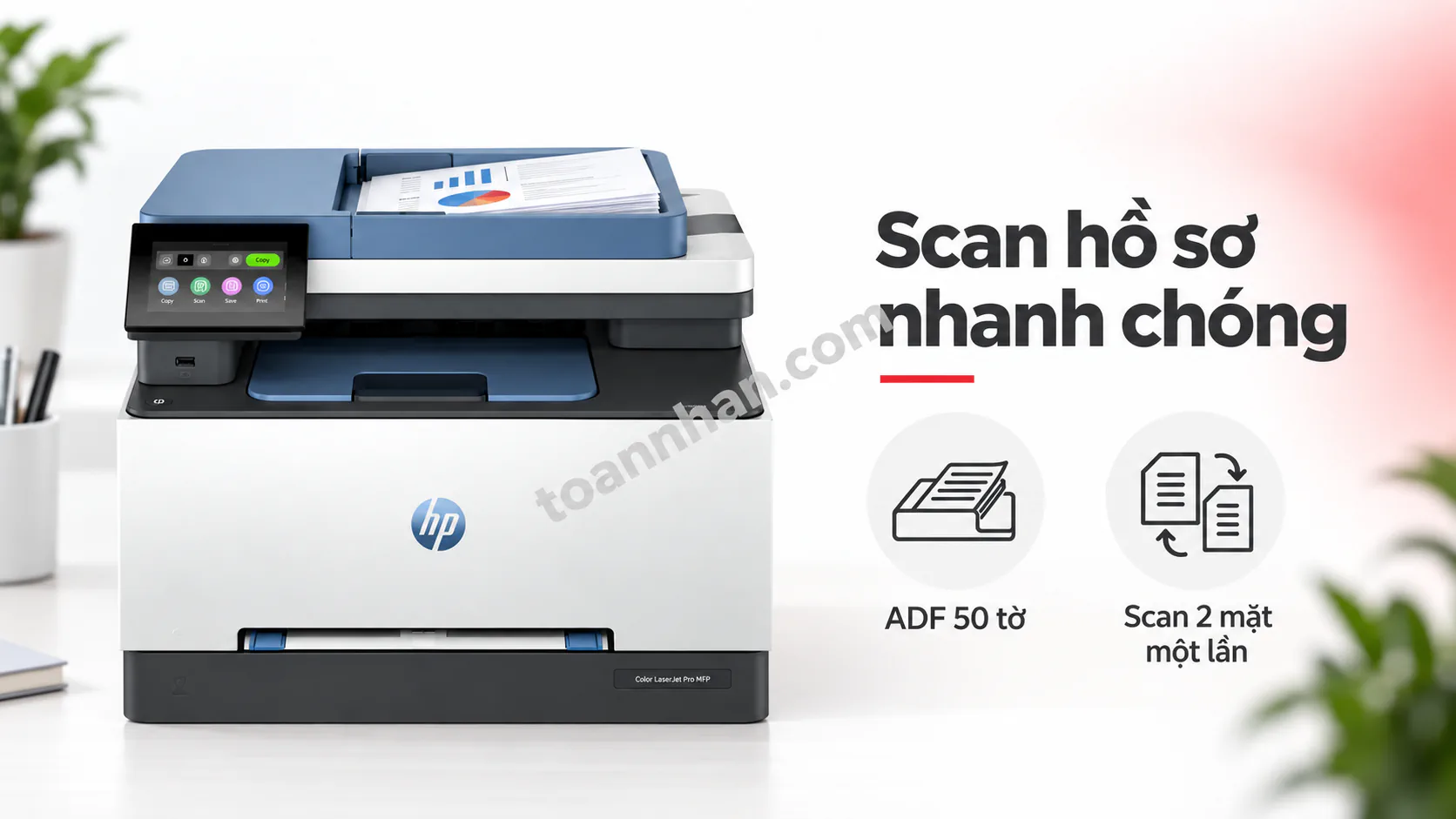 Khay ADF HP 3303fdW nhận tập hồ sơ và màn hình hiển thị quy trình scan